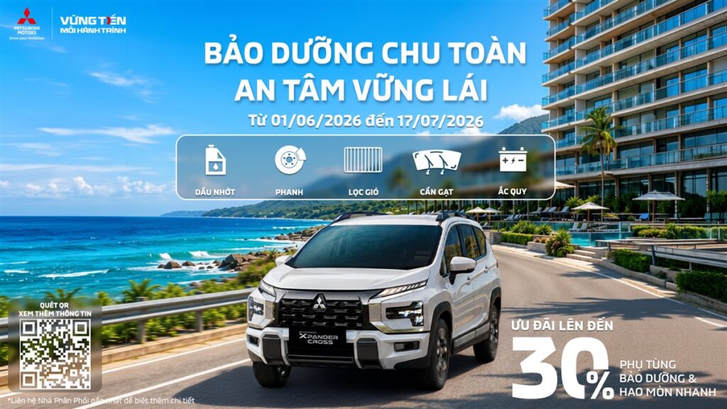 Ưu đãi 30% phụ tùng bảo dưỡng Mitsubishi mùa du lịch hè 2026