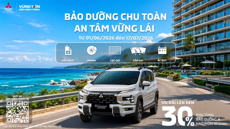 Ưu đãi 30% phụ tùng bảo dưỡng Mitsubishi mùa du lịch hè 2026